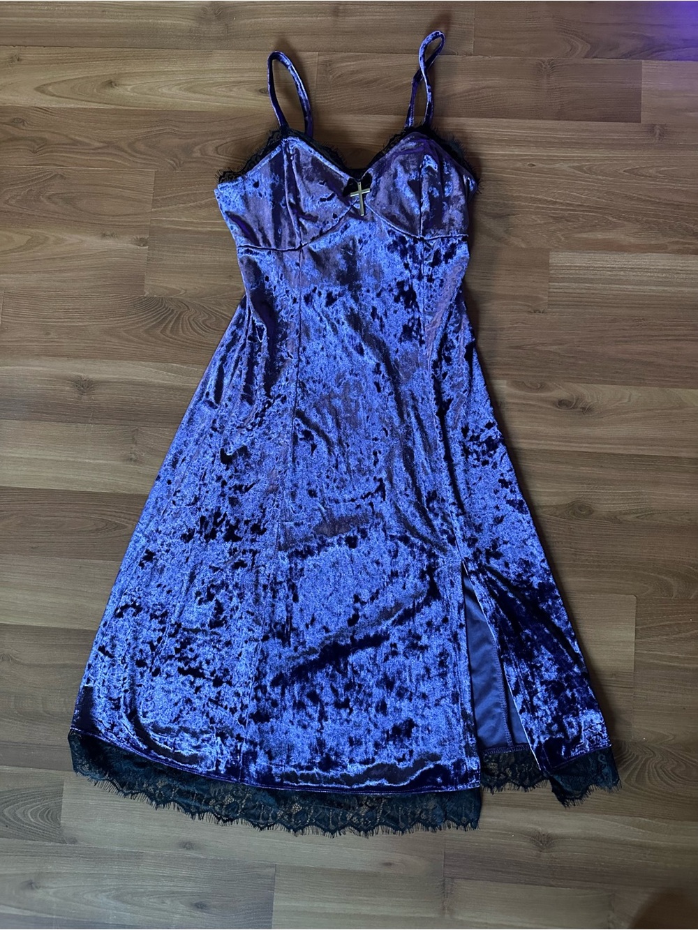Cosmic Aura Purple Crushed Velvet Midi Slip Dress with Lace Trim Long Sleeved - Picture 5 of 10